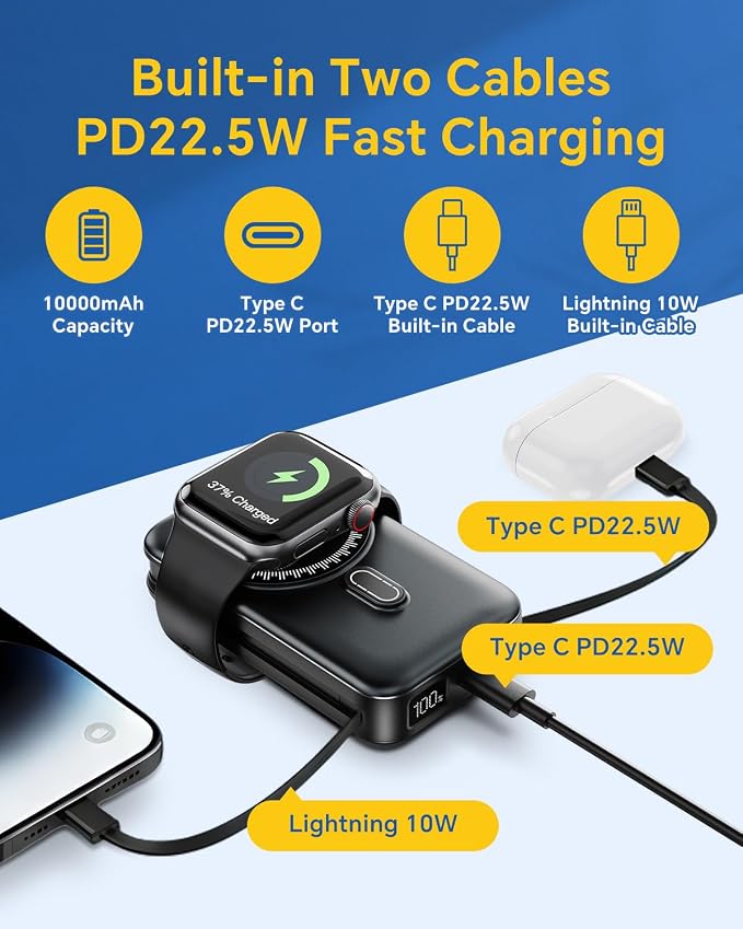 DR.HILL Magnetic Battery Pack Real Capacity 10000mAh, 22.5W Fast Charging Portable Charger with Built-in Cables & AC Wall Plug, Foldable Stand Power Bank for Apple Watch Phone 17/16/15/14/13 (Black) - Image 2
