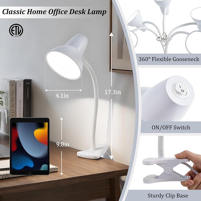 Clip On LED Desk Lamp, Flexible Arm, Eye-Caring Study Lamps for School Dorm | 4.5W Energy-Saving, Anti-tip Bedside Reading Light, Desk Lamps for College Dorm Room, Home Office, Modern Lamp with 1.6m Cord - Image 2