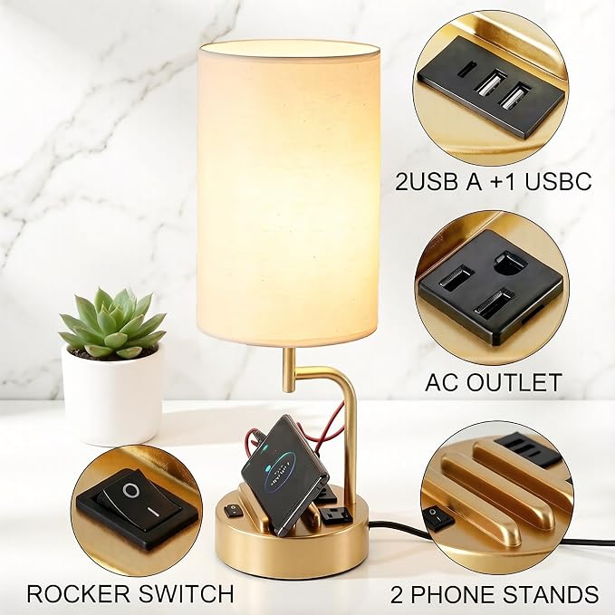 Dreamholder 2 Pack Table Lamp, Bedside Lamp with 3 USB Charging Ports & AC Outlet, USB Desk Lamp with 2 Phone Holders, Linen Fabric Shade Nightstand Lamps for Bedroom Living Room Office, Gold - Image 2