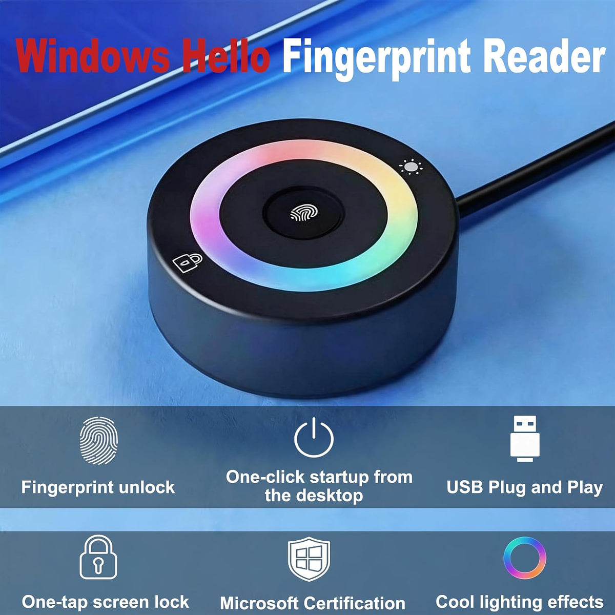 USB Fingerprint Reader for PC & Laptop, Windows Hello Biometric Scanner with 360° Touch, Fast Login <1s, Portable Security Key for Windows 10/11 - Image 2