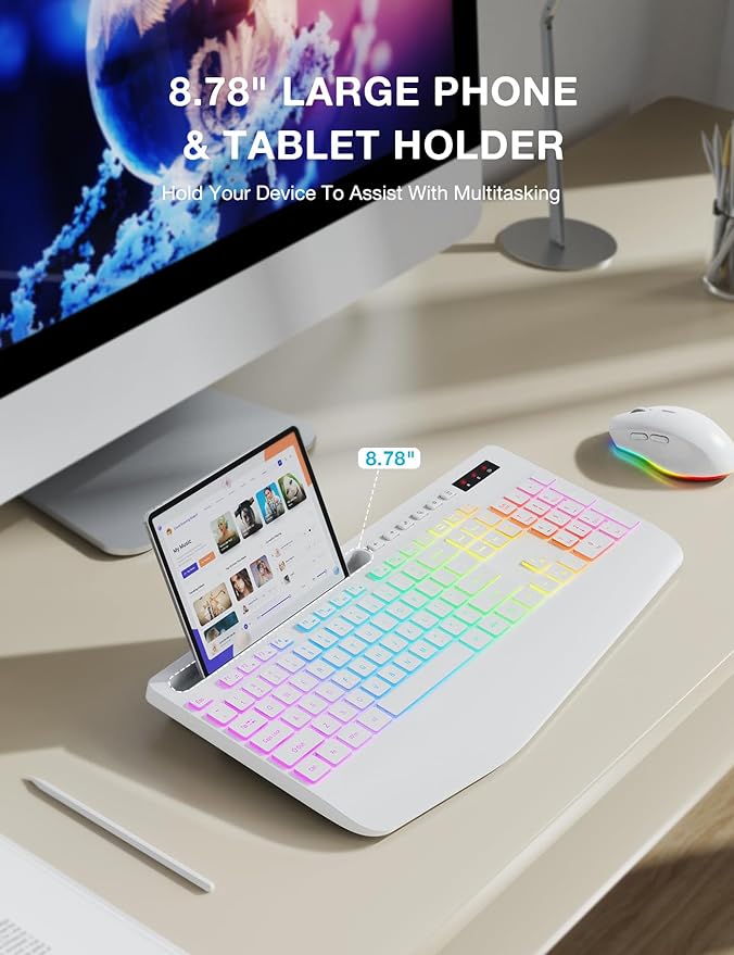 Wireless Keyboard and Mouse Combo - 9 Backlit Effects, RGB, 2.4Ghz | Ergonomic Wrist Rest, Phone Holder, Rechargeable, Full Size, KM22 MAX Silent Set for Computer, Laptop, Mac, Windows (White) - Image 6