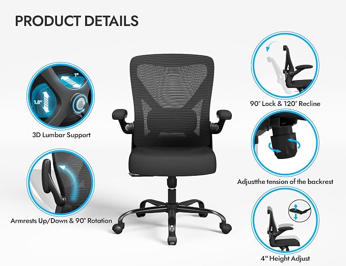 Office Chair: 330LBS Mesh Ergonomic Desk Chair Comfy with 3D Lumbar& Swivel | Ergalithic Computer Chair-Executive Task Chairs with Flip-up Arms Home Office Desk Chairs Gaming Chair for Adults(Full Black) - Image 6