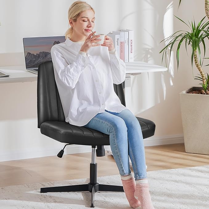 OLIXIS Criss Cross Chair, Vanity Chair, Home Office Desk | Armless No Wheels Wide Seat, Height Adjustable Swivel, Padded PU Leather, Bedroom Student Study, Black Dual Base - Image 2