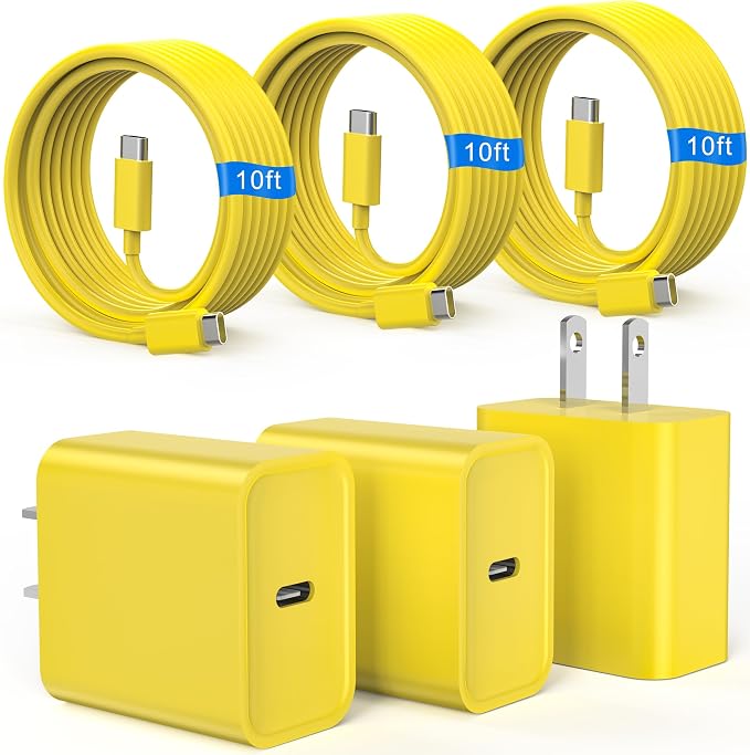 iPhone 17 16 15 Charger Fast Charging 10FT Long Cord with USBC Block Yellow | 3 Pack PD 20W USB C Charger with Cord, Type C Chargers Block for iPhone 17/17 Pro/17 Pro Max/16/16 Pro/16 Pro Max/15 by AXAYINC