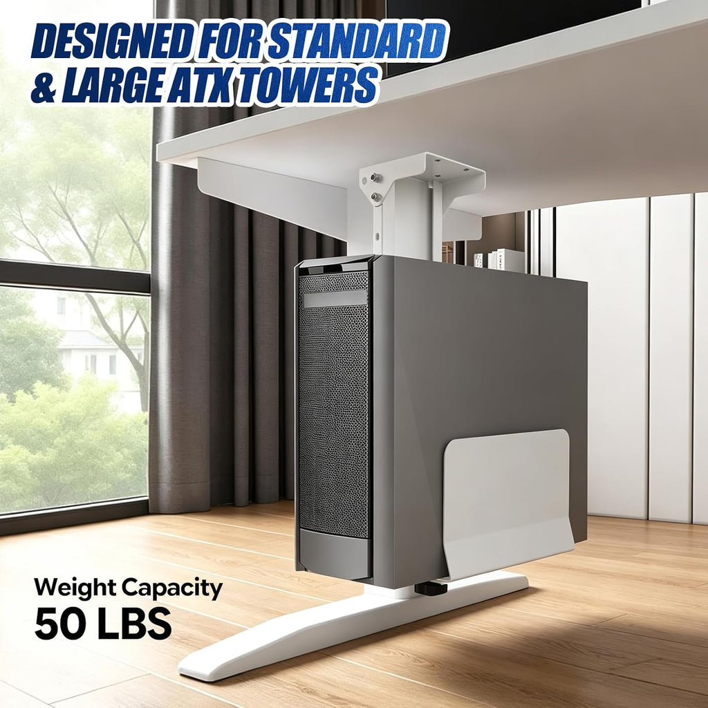 Heavy Duty Under Desk PC Mount & Full Tower PC Wall Mount - Adjustable Width 5.9" to 9.8", Height 12.5"-20" - Computer Tower Stand Under Desk & Standing Desk PC Mount, White - Image 2