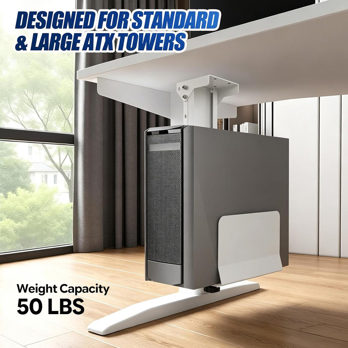 Heavy Duty Under Desk PC Mount & Full Tower PC Wall Mount - Adjustable Width 5.9" to 9.8", Height 12.5"-20" - Computer Tower Stand Under Desk & Standing Desk PC Mount, White - Image 2
