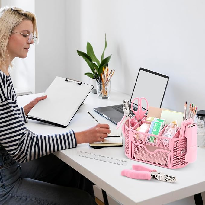 17 IN 1 Office Desk Organizer Set for Back to School Supplies Accessories | 3 Office Desk Storage Organization, 4 Pens, Stapler, Staples & Remover, Tape & Dispenser, Scissors, Ruler, Clips, Hole Punch - Image 9