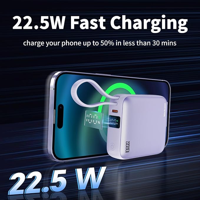 10000mAh Small Portable Charger with Built in Cables LED Display Purple | Mini Power Bank 22.5W USB-C Fast Charging Battery Pack, Travel Essential Power Bank for iPhone, iPad, Samsung, Android - Image 2