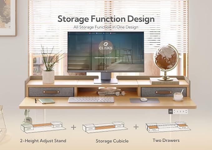 Claiks Standing Desk with Drawers & Wheels, 2 Height Shelf 48" Natural | 2 height adjust shelf, tabletop drawers, felt fence design, sturdy supports 176 lbs, 4 wheels, 2 tire monitor stand - Image 4
