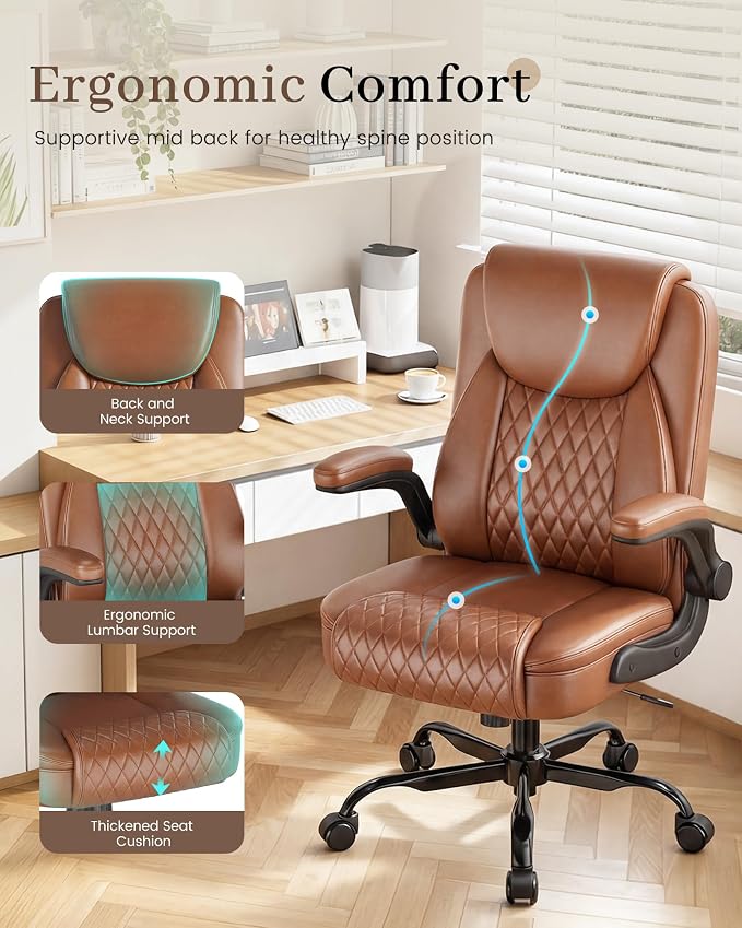 COMHOMA Mid-Back Office Chair, Ergonomic PU Desk Chair with Flip up Arms, Small Computer Gaming with Comfy Lumbar Support,Rocking Function,Sturdy Metal Base, Brown - Image 6