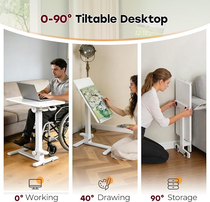 27" Foldable Mobile Standing Desk, No-Assembly Needed, White | Portable Computer Workstation for Small Space, Collapsible Standing Desk with 90° Tiltable Desktop for Storage - Image 4