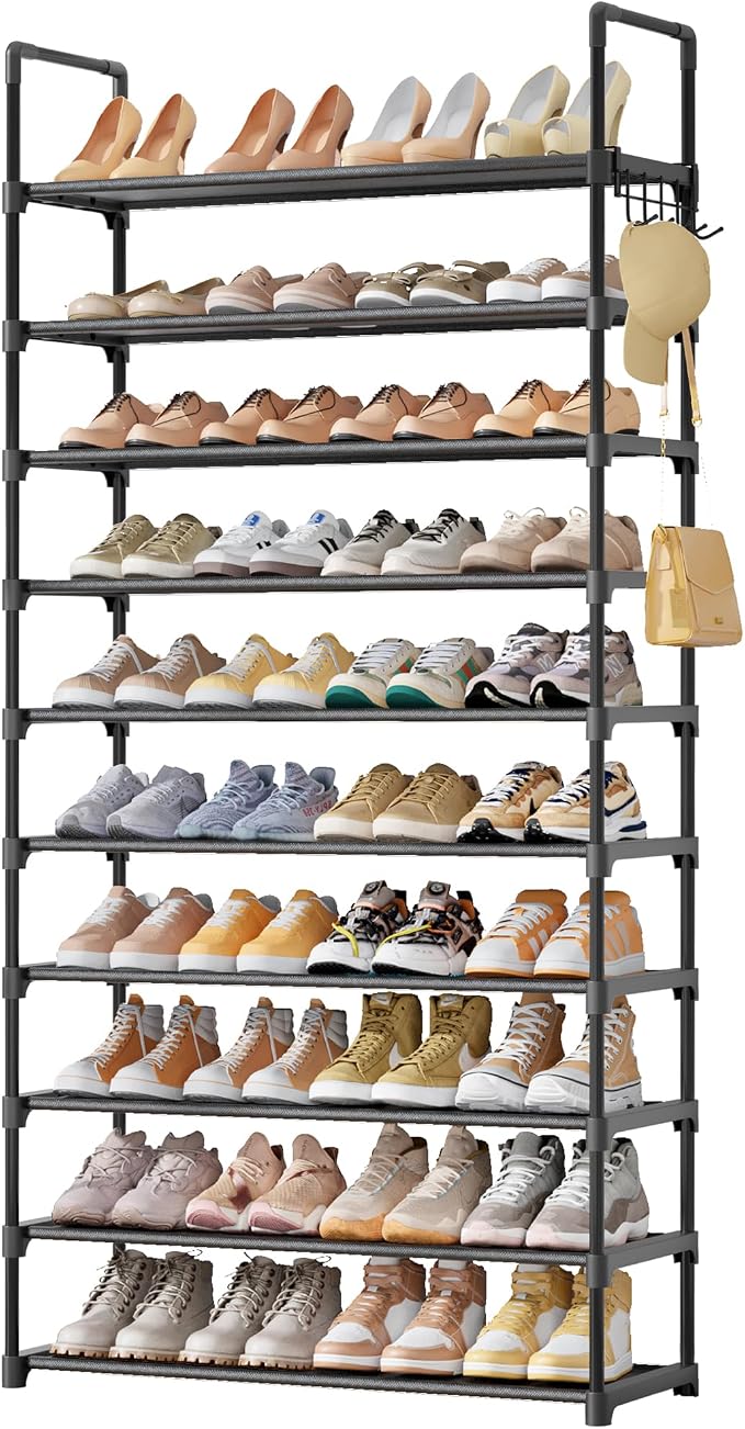 Kitsure 10 Tier Shoe Rack, Tall Shoe Organizer, 32.2" Wide, Black | Large-Capacity Shoe Storage with Hooks, Shoe Shelf for Closet, Entryway, Bedroom, Living Room, Zapateras Organizer by Kitsure