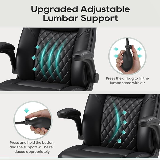 MALOL Leather Office Chair with Adjustable Lumbar Support Set of 2, Black | Computer Desk Chair with Thick Cushion, Flip-Up Arms and Ergonomic Back, Comfy Executive Office Chair for Home Office Gaming - Image 3