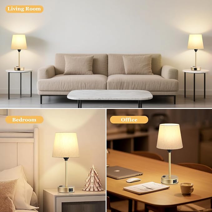 Gold Bedside Lamps Set 2 for Bedroom - Dimmable Touch, USB C+A, AC Outlet | 14.5" Mini Lamp, 3-Way Dimmable, LED Bulbs Included, Cream Barrel Fabric Lampshade, Nightstand Light for Guest Room, Kids - Image 8