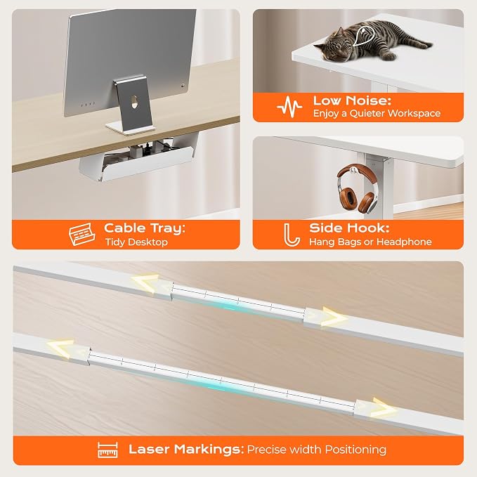Huuger Dual Motor Electric Standing Desk Frame, Sit Stand up Desk Leg for 47.2” to 86.6” Desktop, Computer Desk Leg with Cable Tray, 3 Memory Height Presets, 2 Hooks, White Frame Only - Image 7