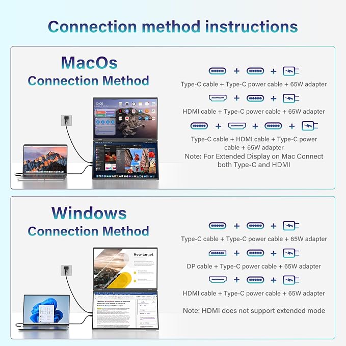InnoView 18.5" Dual Portable Monitor 2K 200Hz 100% sRGB - Foldable & Stackable Design with 315° Screen Adjustment & 180° Stand | DP/USB-C/HDMI, Second Monitor for Laptop, Mac, Windows - Image 5