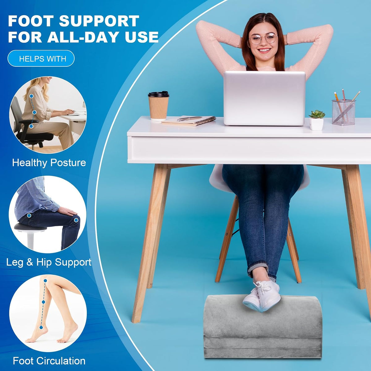 Foot Rest for Under Desk at Work, Foot Stool with Washable Cover, Comfortable Office Desk Accessories, Footrest with 3 Adjustable Heights, for Offices Gaming Chair, for Leg Support, Gray - Image 4