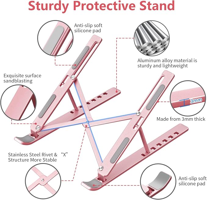 Laptop Stand for Desk, Aluminum Metal MacBook Stand，Computer Riser for Desk, Portable Foldable Adjustable Notebook Holder, Compatible with 10-15.6 Inch Laptops, iPad, Rose Gold. - Image 5