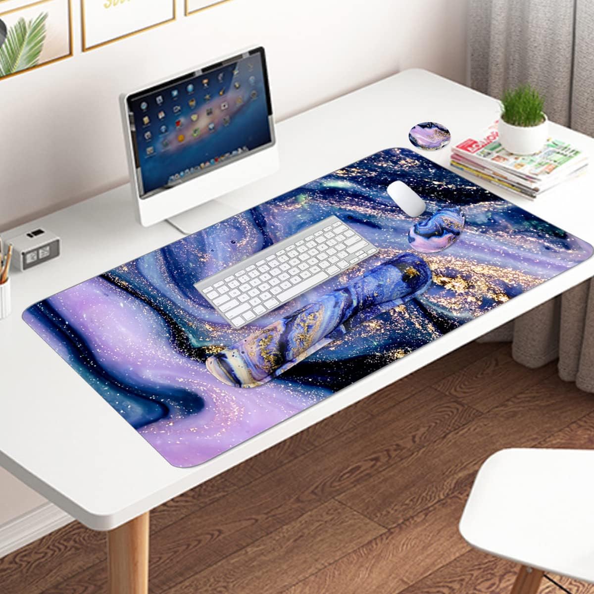 4-in-1 Large Gaming Mouse Pad, Keyboard Wrist Rest Pad & Wrist Support Mousepad Set, Extended Desk Pad Waterproof Desk Mat for Home Office Study Game - Purple Marble - Image 6