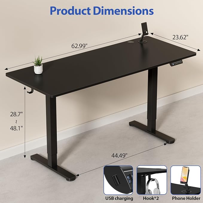 YESHOMY Height Adjustable Electric Standing Desk, 63 x 24 Inches Memory Home Office Sit Stand up Desk with Phone Holder and USB Charging Port, Black - Image 3