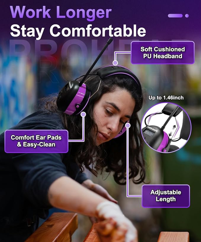 PROHEAR 033 AM FM Bluetooth 5.4 Radio Headphones Hearing Protection 31dB SNR - 58Hrs Playtime - Ear Protector for Mowing Lawn, Gifts for Women (Purple) - Image 6