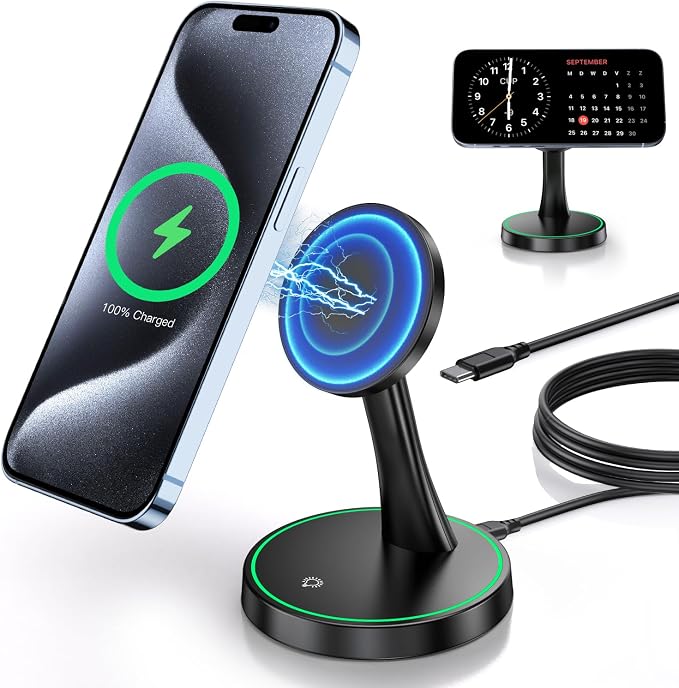 Magnetic Wireless Charger Stand 15W Fast Mag-Safe Charger for iPhone 17/17 pro/ 17 Air/ 17 pro max 16/15/14/13/12 Series Magnet Wireless Charging Station/Pad with Sleep-Friendly Light for AirPods by Verticalmagneticcharging
