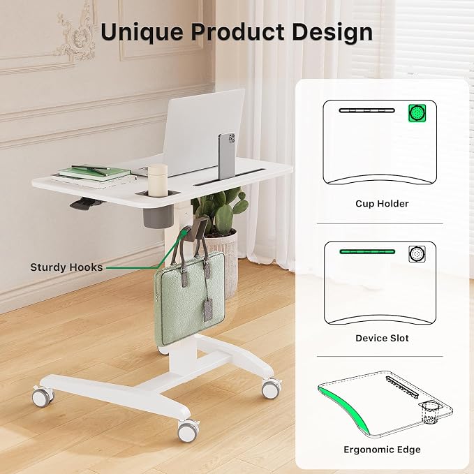 27" Mobile Rolling Standing Desk with Lockable Wheels, White | Small Laptop Cart Height Adjustable with Cup Holder, Slot, Hook, Portable Pneumatic Teacher Rising Workstation for Classroom - Image 4
