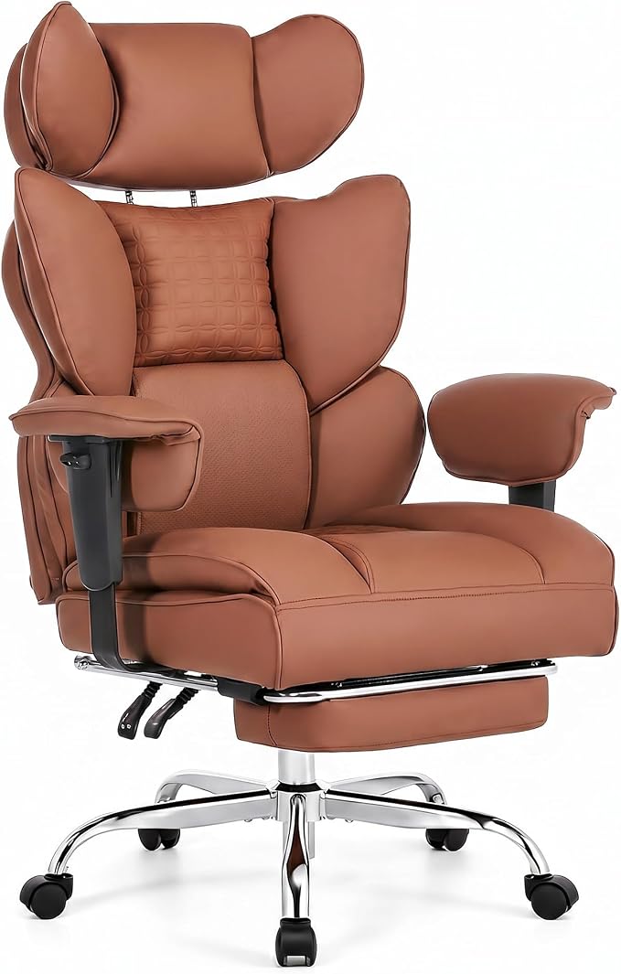 Big and Tall Office Chair 400 LBS, for Adults, Home Office | PU Leather, Executive Ergonomic Desk Chair with Footrest, Lumbar Support, Wide Seat ,Reclining, Adjustable Armrest, Brown - Image 3