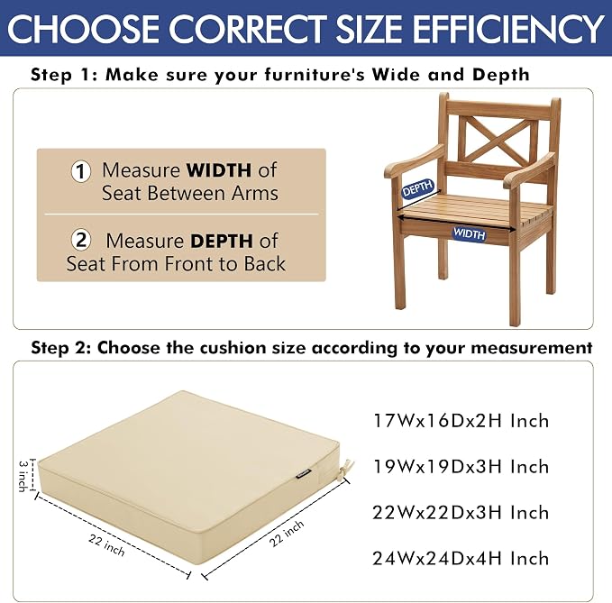 Outdoor Chair Cushions Set of 2, 22 x 22 x 3 Inch Deep Seat | 3 Year Color Fastness Thick Patio Chair Cushion with Ties for Garden Lawn Sofa Couch, Beige - Image 4