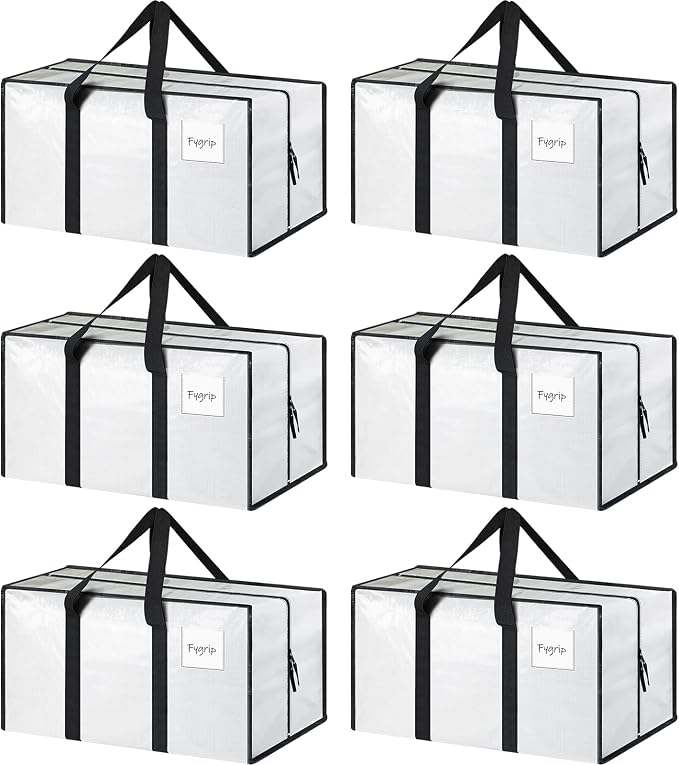 6 Pack Extra Heavy Duty Large Moving Bags with Strong Zipper, White | Comfortable Handles, Sturdy & Durable Clothes Storage Bags Totes Bins, Blue Packing Moving Boxes for College Supplies by Fygrip