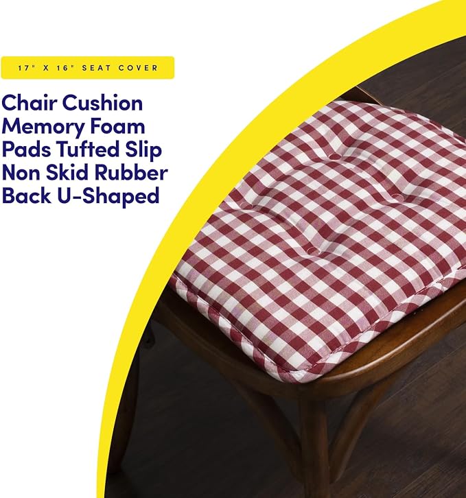 Sweet Home Collection Chair Cushion Memory Foam Pads Tufted Slip Non Skid Rubber Back U-Shaped 17" x 16" Seat Cover, 2 Count (Pack of 1), Checkered Wine/White - Image 3