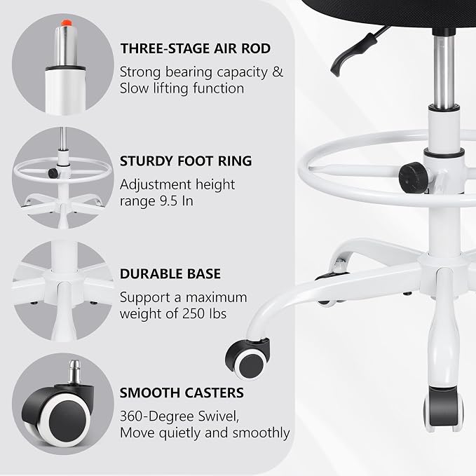 Armless Mid-Back Ergonomic Standing Desk Chair - Mesh Rolling Tall Chair, Adjustable Height and Footring, Art Room, Office or Home (White) - Image 5