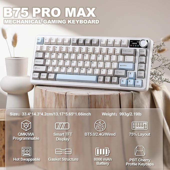 YUNZII B75 PRO MAX 75% Mechanical Keyboard (Beige, Cocoa-V2) | QMK/VIA, Wireless Keyboard with Screen and Knob, Custom Hot Swap, Gasket Mount, Creamy Switches, RGB for Gaming/Win/Mac - Image 2