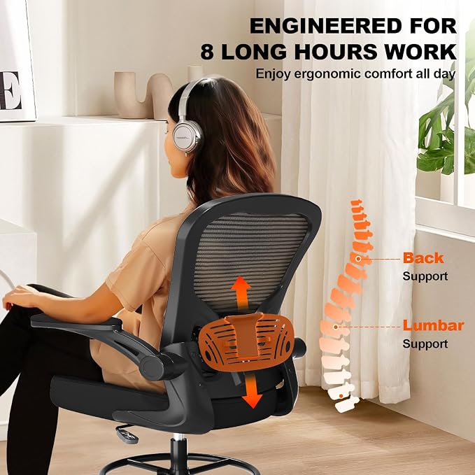 Ergonomic Tall Drafting Chair-Mesh Desk Chair with Flip-Up Arms | Adjustable Height,Lumbar Support,Adjustable Footrest Ring,Standing Desk,Breathable Backrest - Image 8