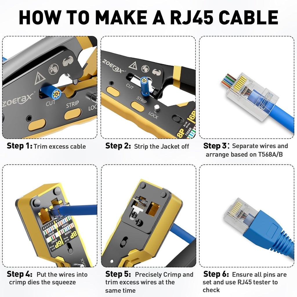 Ethernet Crimping Tool Kit RJ45 Crimp Tools,CAT5 Cat5e Cat6 RJ45 Crimping Tool Kit With Cable Tester, Multiply Stripper, Blades,50Pcs Cat 6 Pass Through Connectors and Strain Relief Boots - Image 8