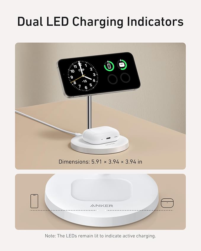 Anker MagGo 2-in-1 MagSafe Compatible Qi2 15W Wireless Charging Stand | Qi2 Certified, Fast Charging, Wireless Charger for iPhone 17, AirPods Pro, and More (White, 40W Adapter Included) - Image 5