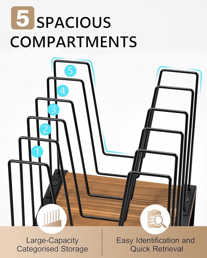 HULISEN 2 Pack Desk File Organizer, 5-Section Desktop File Folder Holder | Visible Tiered Design, Metal Rack with Wood Base, Vertical Storage for Binders Documents & Magazines, Classroom Office Use - Image 5