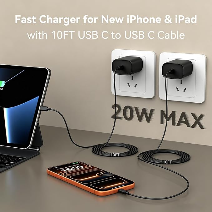 Phone 17 16 15 Charger Fast Charging, 10 FT Long USB C Charger Cord with 20W Type C Fast Phone Charging Block forPhone 17/17 Pro/17 Pro max/Air/Phone 16 15 Pro Max Plus, iPad, Android,Black - Image 3