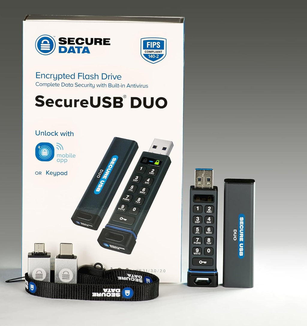 SecureData SecureUSB DUO 128GB Hardware Encrypted USB 3.0 Flash Drive FIPS 140-2 Level 3 Unlock via Keypad or phone app TAA Compliant, CJIS, HIPAA, CMMC, GDPR compliant, works with Mac and Win free AV - Image 3