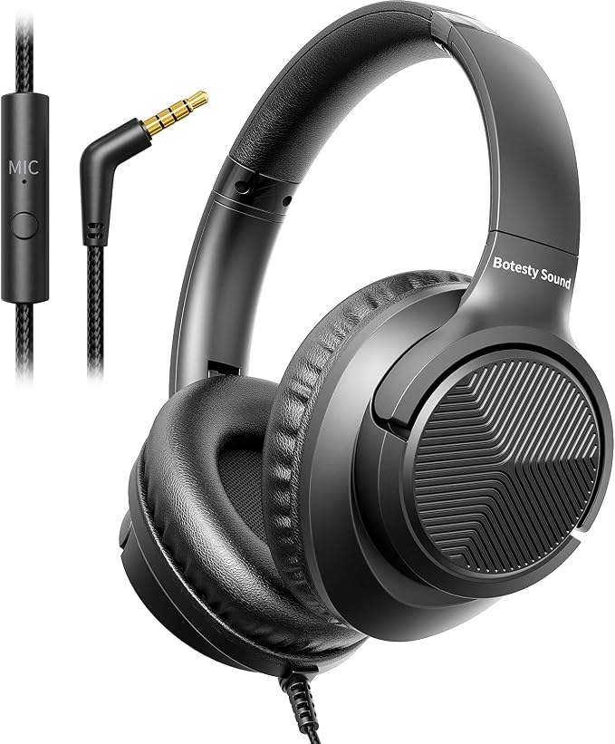 Botesty Sound Headphones Wired with Microphone, Over Ear Foldable 3.5mm Plug in Headphones with 4.9ft Tangle-Free Nylon Cord for Tablet, Laptop, MP3/4, School, Airplane Travel (Black) by BotestySound
