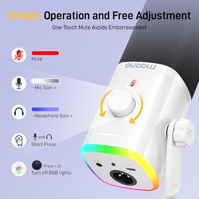 MAONO PD100X USB/XLR Podcast Microphone for PC,Gaming Streaming Dynamic Mic | Noise Reduction,Tap to Mute,Custom RGB, Maono Link Support,Volume & Gain Control,Desktop Stand,for Computer Recording, White - Image 6