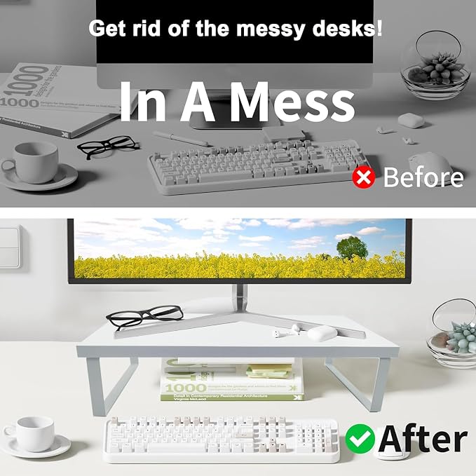 Stable Wood Computer Monitor Stand for Desk Organizer, Anti-slip Computer Riser Monitor Shelf for PC Laptop Notebook Home & Office (White) - Image 7