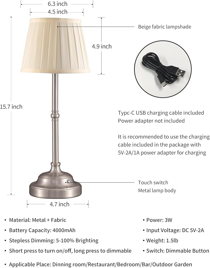 KDG Nickel Cordless LED Table Lamps Set of 2, Green Fabric Shade Desk Lamps | Portable 4000mAh Rechargeable Battery Powered, Dimmable Lighting for Dining Room, Bedroom, Bedside, Night Light, Balcony - Image 5