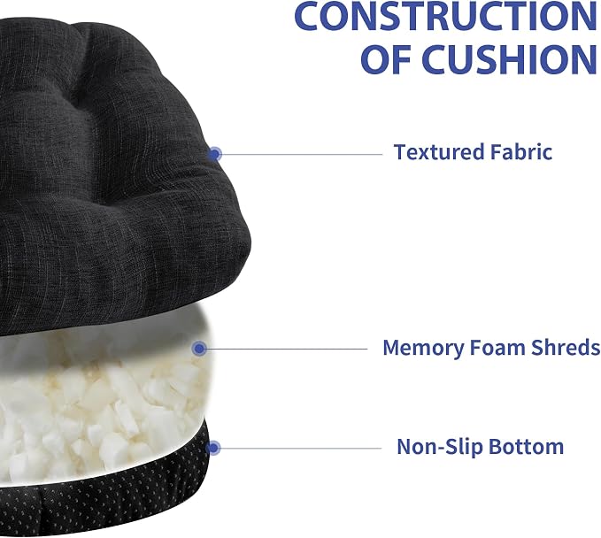 IPYNBAP Chair Cushions for Dining Chairs Set of 6, Kitchen Chair Cushions, Chair Pads with Ties and Non Slip Backing, Tufted Memory Foam Seat Cushion 6 Pack, 15.5" x 15.5" x 4", Black - Image 2