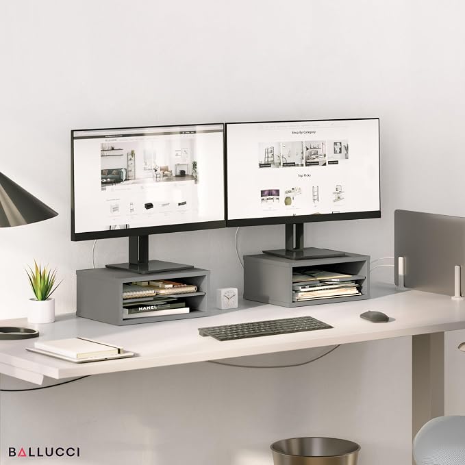 Ballucci File Organizer, 2-Tier Document Paper Sorter, Stackable Wood Desk Organizer Mail Holder, Monitor Stand with Storage Shelves, Gray - Image 3