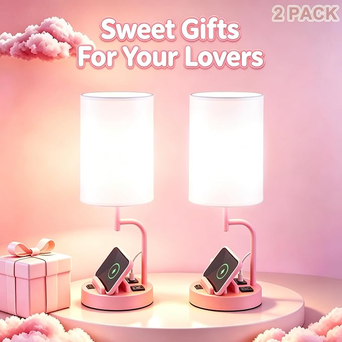 Dreamholder 2 Pack Table Lamp, Bedside Lamp with 3 USB Charging Ports & AC Outlet, USB Desk Lamp with 2 Phone Holders, Linen Fabric Shade Nightstand Lamps for Bedroom Living Room Office, Baby Pink - Image 7
