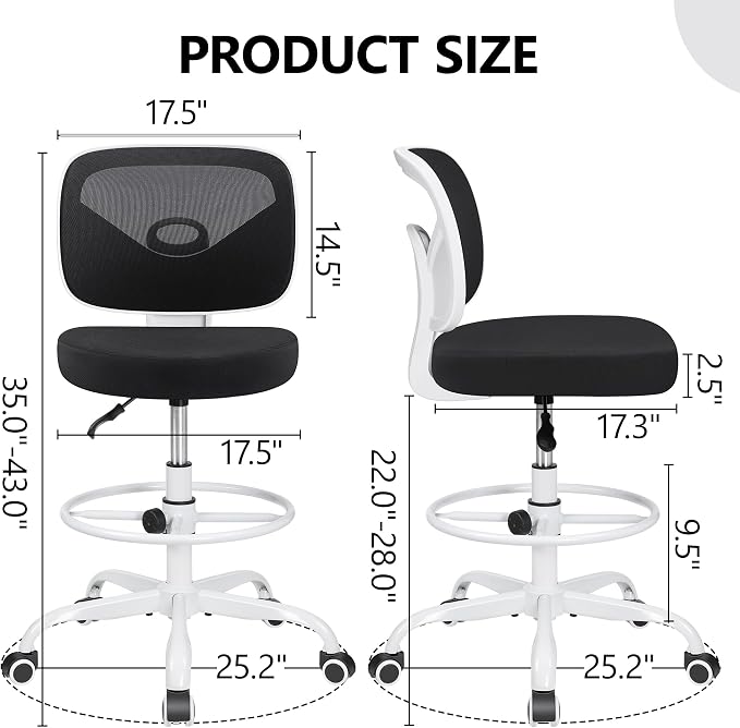 Armless Mid-Back Ergonomic Standing Desk Chair - Mesh Rolling Tall Chair, Adjustable Height and Footring, Art Room, Office or Home (White) - Image 3