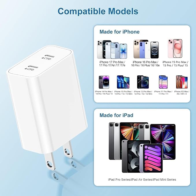 USB C Fast Charger Block,USB C Charging Block 2-Pack Type C 2in1 Dual Ports Plug Wall Charger, Fast Type C Charger for iPhone 17 Pro Max/17 Pro/17 Air/16 Pro Max/15/14/13/12/11/Xs Max/XR/X,iPad - Image 7