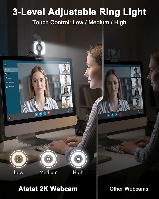 Atatat 2K Webcam for PC with Light, Microphone, Privacy Cover | Autofocus Web Camera for Desktop/Laptop/Monitor/Mac, Computer Camera for Zoom/Skype/Teams/Video Calling/Meeting - Image 2
