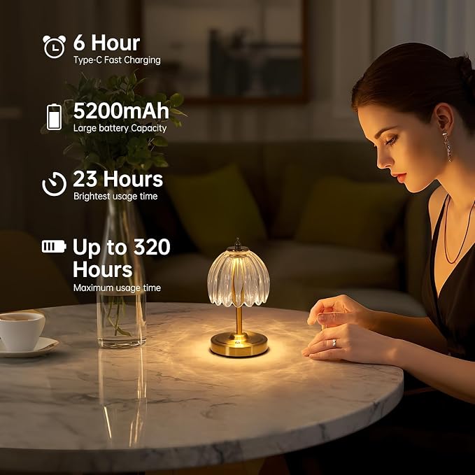 Shenmoyl Set of 2 Tulip Table Lamp with 5200mAh Battery & Touch Control, Cordless Small Table Lamp with 3 Colors, Rechargeable Battery Operated Table Lamps for Nightstand, Bedroom (Transparent Tulip) - Image 6